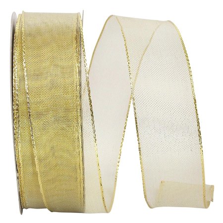 RELIANT RIBBON Woven Mesh Shiny Value Wired Edge Ribbon Gold 1.5 in. x 50 yards 60238W-035-09K